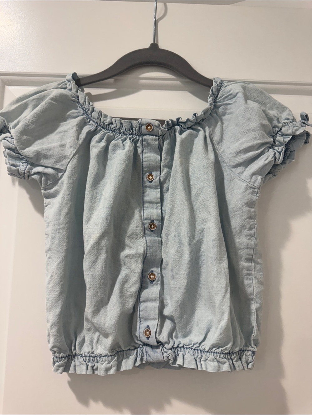 Zara Light Blue Off-Shoulder Button Front Top